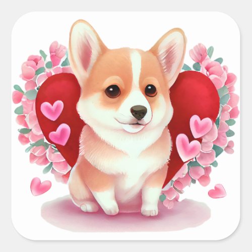 Cute Heart Corgi Dog Valentine  Square Sticker