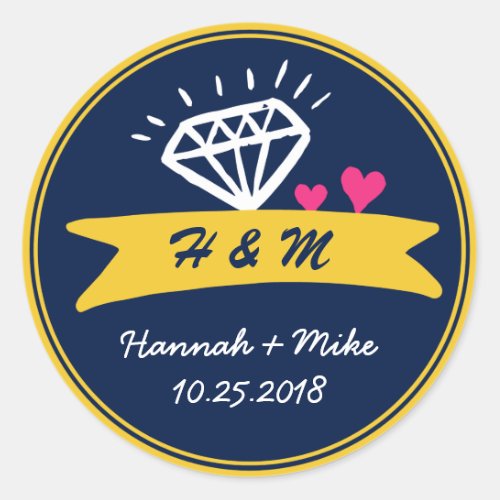 Cute Heart Diamond Wedding Favor Monogram Sticker
