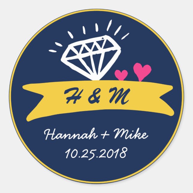 Cute Heart Diamond Wedding Favor Monogram Sticker (Front)
