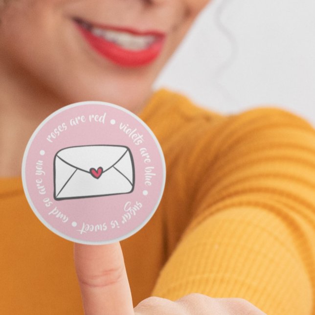 Cute Heart Envelope Roses are Red Violets are Blue Classic Round Sticker (Creator Uploaded)