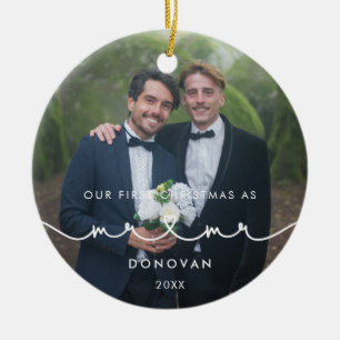Cute Heart Font First Christmas as Mr & Mr Photo Ceramic Ornament
