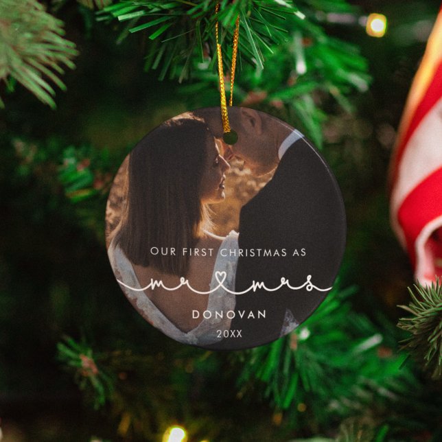 Cute Heart Font First Christmas as Mr & Mrs Photo Ceramic Ornament (Creator Uploaded)