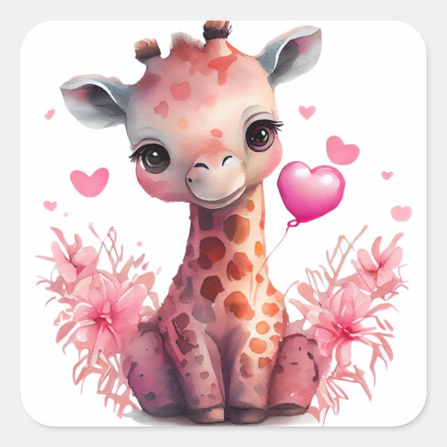 Cute Heart Giraffe Valentine Square Sticker (Front)