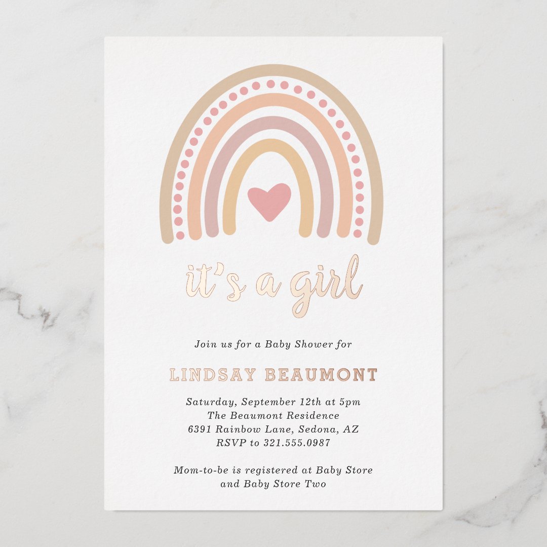 Cute Heart Girl Boho Rainbow Baby Shower Rose Gold Foil Invitation Zazzle