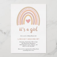 Cute Heart Girl Boho Rainbow Baby Shower Rose Gold Foil Invitation