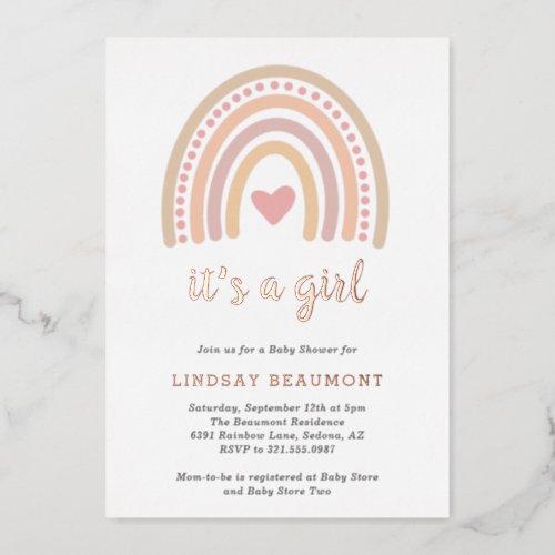 Cute Heart Girl Boho Rainbow Baby Shower Rose Gold Foil Invitation