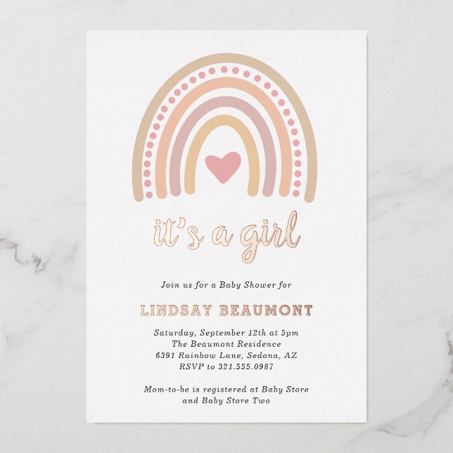Cute Heart Girl Boho Rainbow Baby Shower Rose Gold Foil Invitation (Front)
