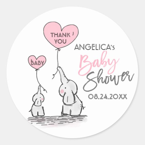 Cute Heart Girl Pink Elephant Mommy  Baby Shower Classic Round Sticker