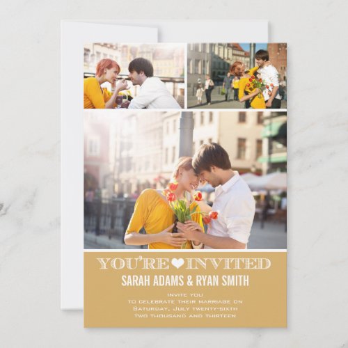 Cute Heart Gold Wedding Three Photo Invitation