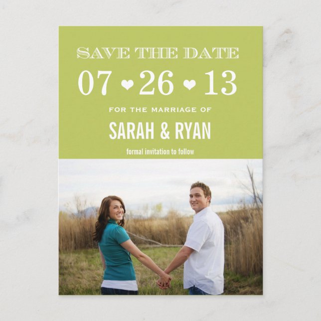 Cute Heart Green Save the Date Photo Postcards (Front)