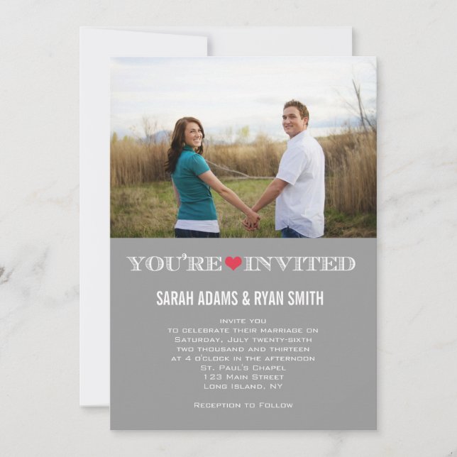 Cute Heart Grey Red Wedding Photo Invitations (Front)