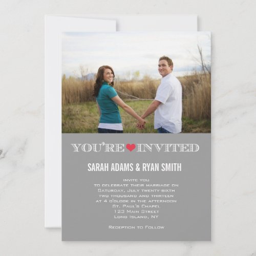 Cute Heart Grey Red Wedding Photo Invitations
