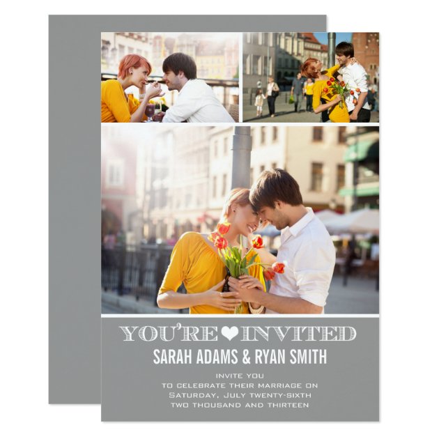 Cute Heart Grey Wedding Three Photo Invitation
