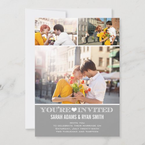 Cute Heart Grey Wedding Three Photo Invitation