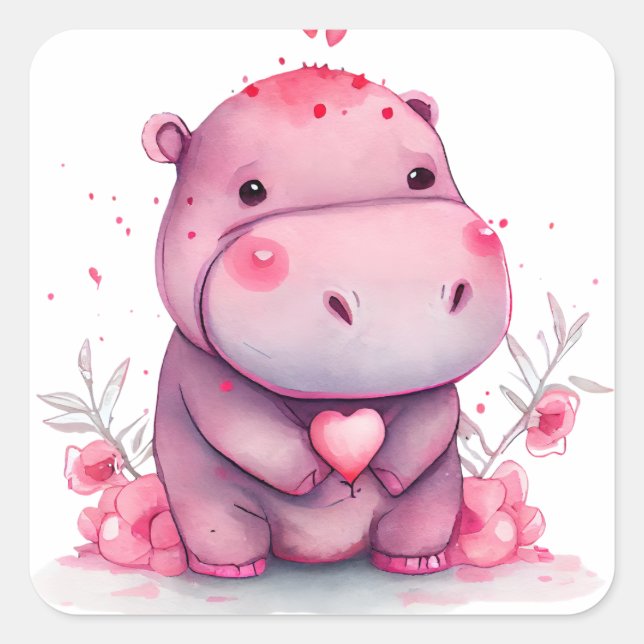 Cute Heart Hippo Valentine Square Sticker (Front)