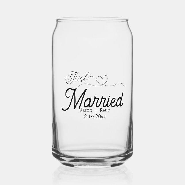 Cute Heart Just Married Calligraphy Wedding Day Can Glass (Front)