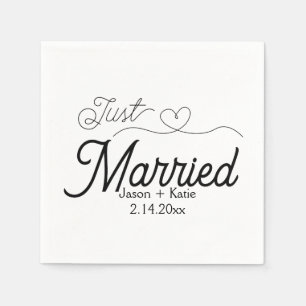 Cute Heart Just Married Calligraphy Wedding Day Napkins