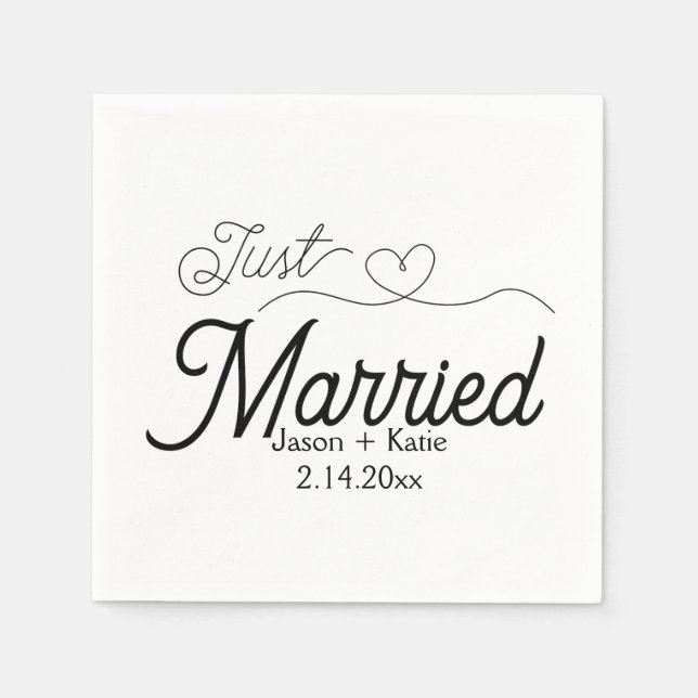 Cute Heart Just Married Calligraphy Wedding Day Napkins (Front)
