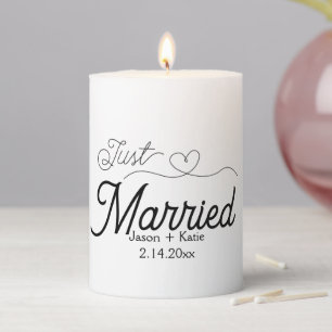 Cute Heart Just Married Calligraphy Wedding Day Pillar Candle