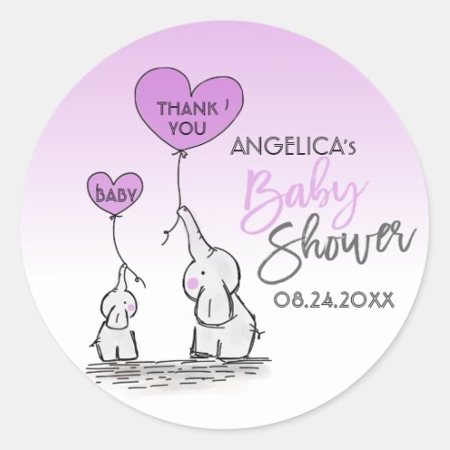 Cute Heart LAVENDER Elephant Mommy  Baby Shower Classic Round Sticker