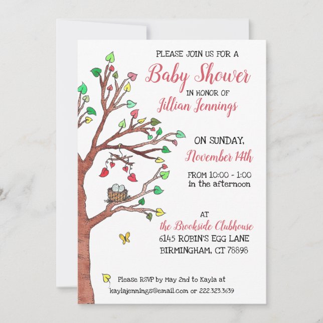 Cute Heart Leaves and Bird Nest Baby Shower  Invitation (Front)