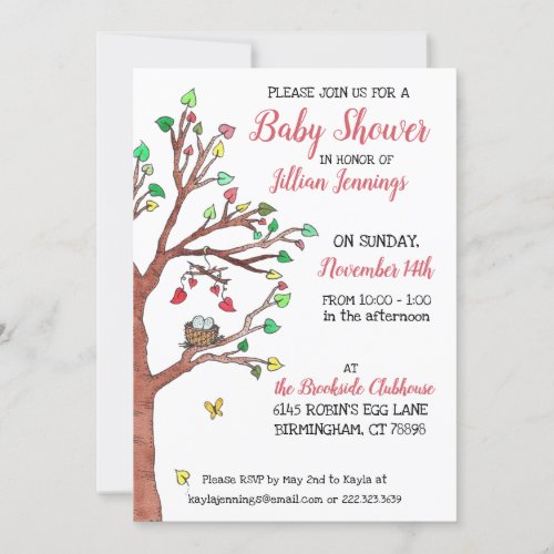Cute Heart Leaves and Bird Nest Baby Shower  Invitation