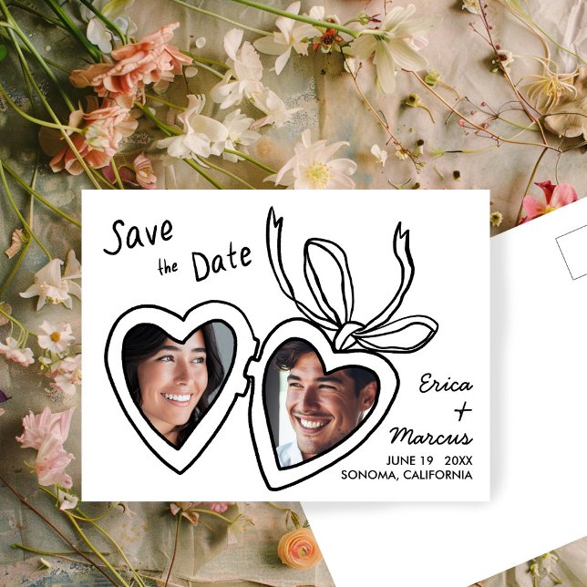 Cute Heart Locket Custom Photos Save the Date  Postcard (Cute Heart Locket Custom Photos Save the Date Postcard
Black and White Doodle Sweet)