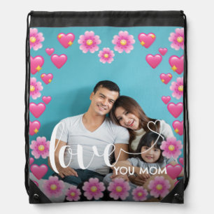Cute HEART LOVE YOU MOM Mother's Day Photo  Drawstring Bag