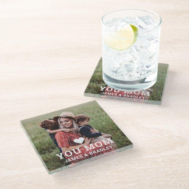 Cute Heart Love You Mom Mother's Day Photo Glass Coaster (Angled)