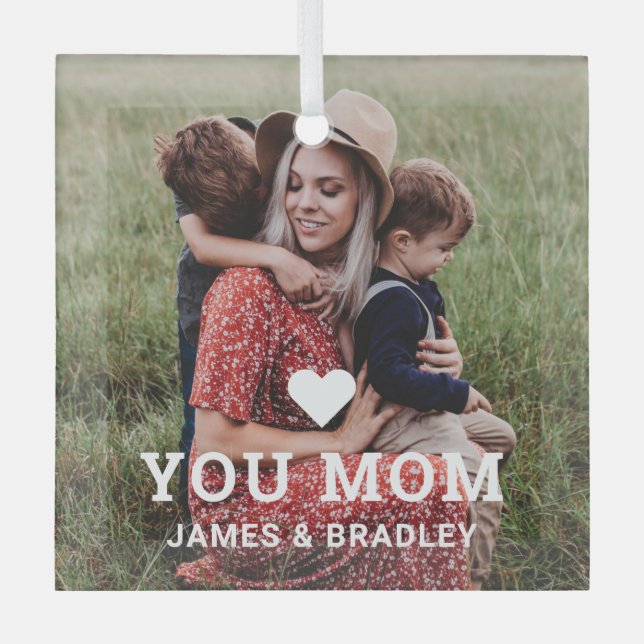 Cute Heart Love You Mom Mother's Day Photo Glass Ornament (Front)