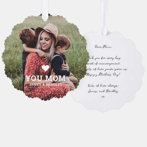 Cute HEART LOVE YOU MOM Mothers Day Photo Ornament Card