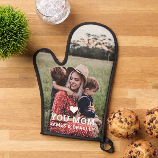 Cute HEART LOVE YOU Mom Photo Mother's Day Oven Mitt (Top down)