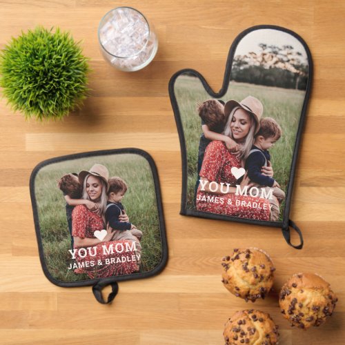 Cute HEART LOVE YOU Mom Photo Mothers Day Oven Mitt  Pot Holder Set
