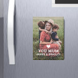 Cute HEART LOVE YOU MUM Mother's Day Magnet<br><div class="desc">Cute HEART LOVE YOU MUM Mother's Day Magnets features your favorite photo with the text "(love heart) you Mum" in modern white script with your names below. Personalize by editing the text in the text box provided and adding your own picture. Designed by ©2022 Evco Studio www.zazzle.com/store/evcostudio</div>