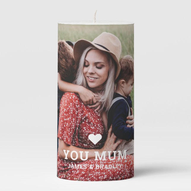 Cute HEART LOVE YOU MUM Mother's Day Photo Pillar Candle (Front)