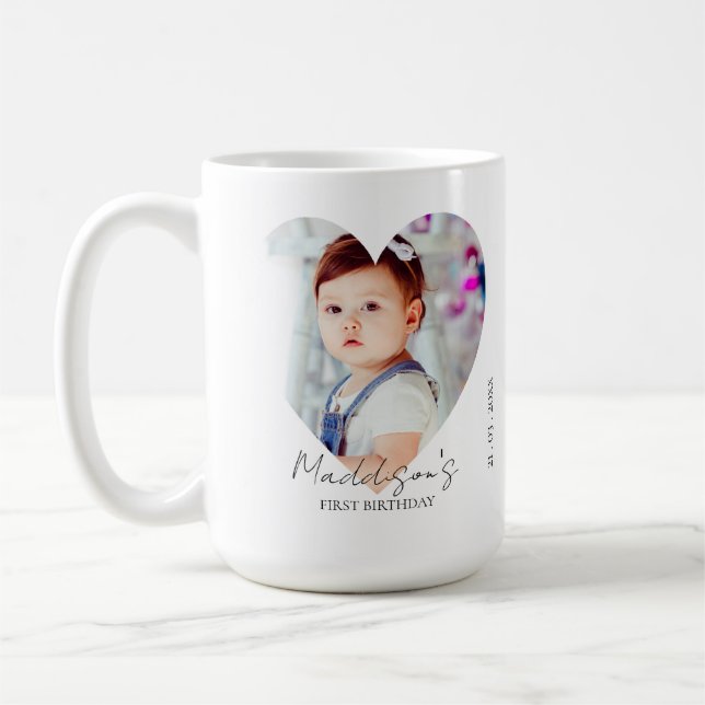 Cute Heart Minimalist Photo First Birthday   Coffee Mug (Left)