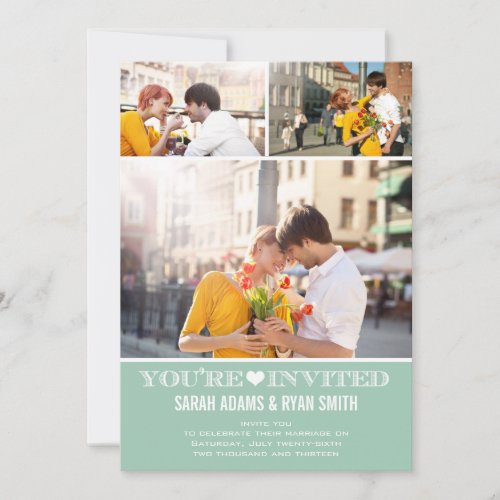 Cute Heart Mint Wedding Three Photo Invitation