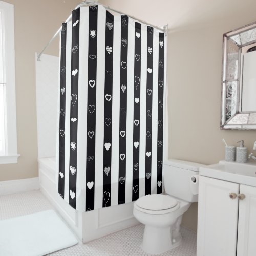 Cute Heart Modern Black White Stripe Shower Curtain