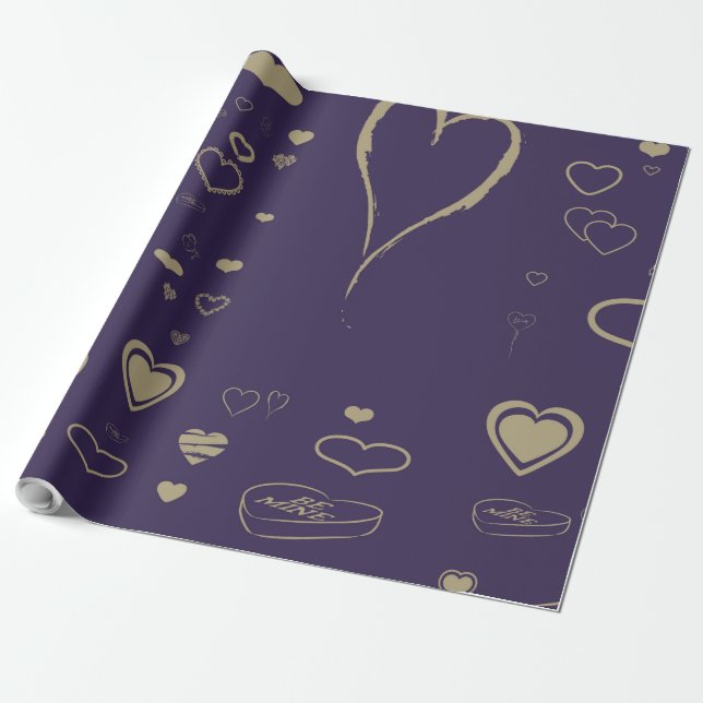 Cute Heart Modern Dark Purple Wrapping Paper (Unrolled)