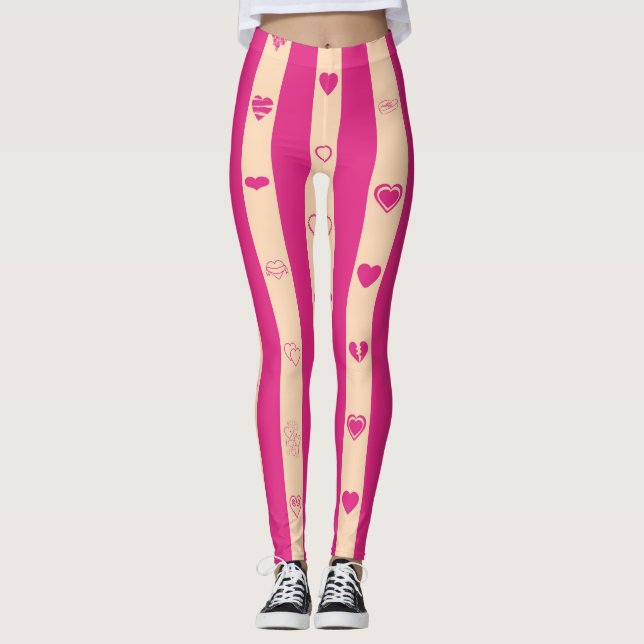 Cute Heart Modern Hot Pink Stripe Leggings (Front)