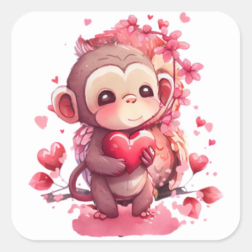 Cute Heart Monkey Valentine Square Sticker