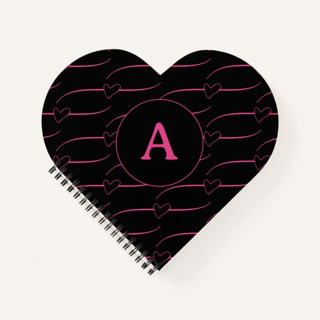 Cute Heart Monogram Black Magenta Notebook (Front)