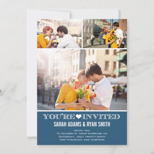 Cute Heart Navy Wedding Three Photo Invitation
