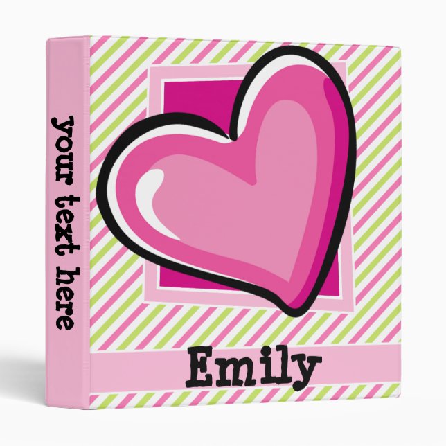 Cute Heart on Pink & Lime Green Stripes Binder (Front/Spine)