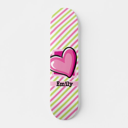 Cute Heart on Pink  Lime Green Stripes Skateboard