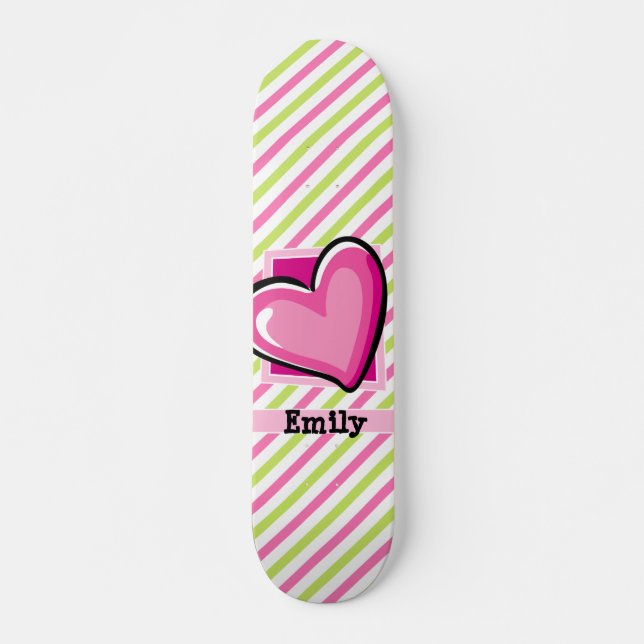 Cute Heart on Pink & Lime Green Stripes Skateboard (Front)