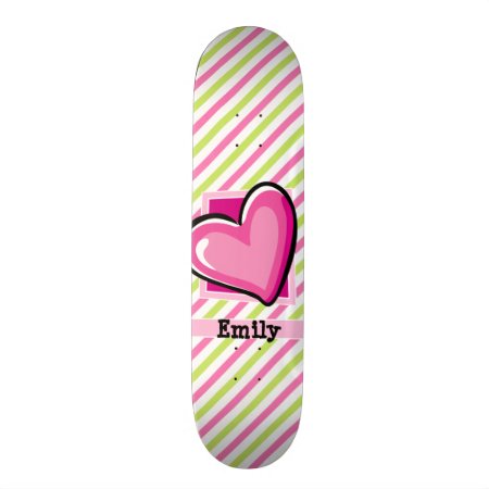 Cute Heart On Pink & Lime Green Stripes Skateboard