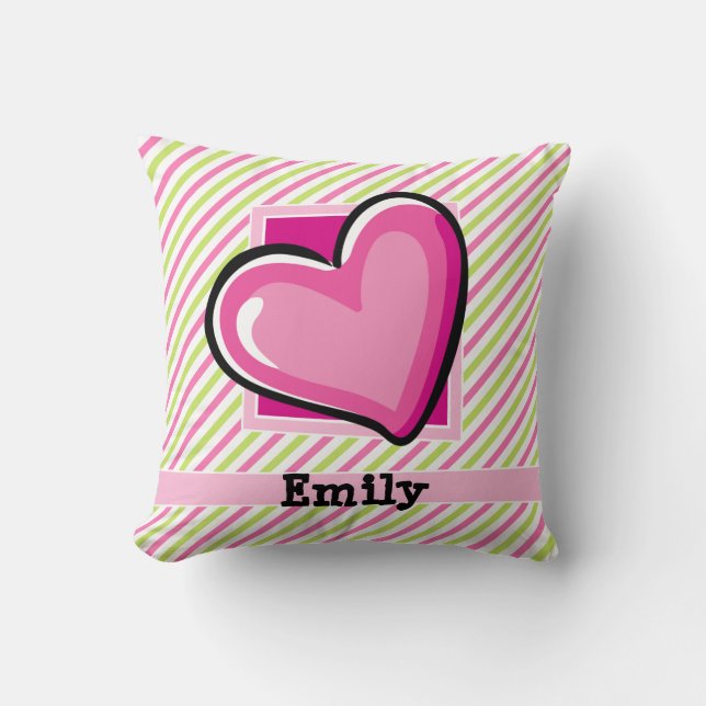 Cute Heart on Pink & Lime Green Stripes Throw Pillow (Front)