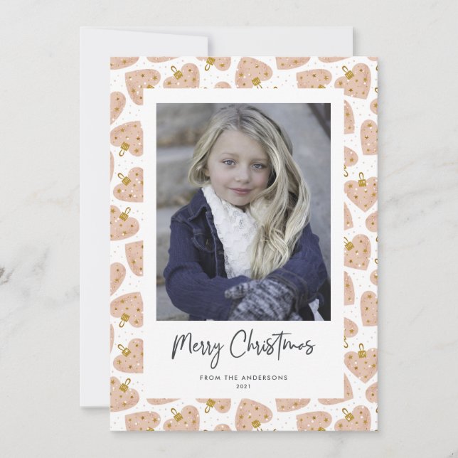 Cute Heart Ornaments Photo Christmas Cards (Front)