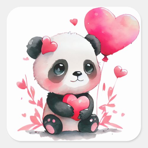 Cute Heart Panda Bear Valentine Square Sticker